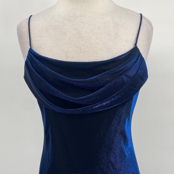 Vintage 90s Metallic Mesh Maxi Gown Cowl Neck Slip Dress Blue Womens 8 Petite - Picture 3 of 10